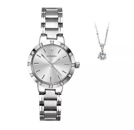 Sekonda Silver Tone Crystal Ladies Watch and Pendant Gift Set