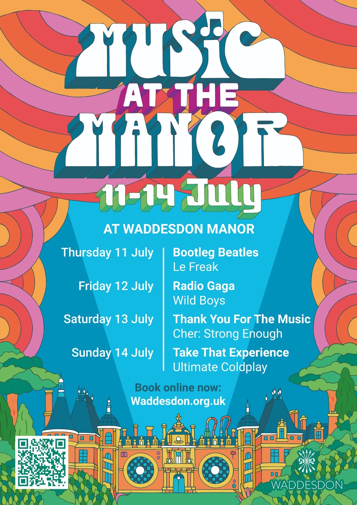 Experience Music at the Manor at Waddesdon this July 11-14 with the world's best tribute acts including The Beatles, Queen, ABBA, Take That, and Coldplay.