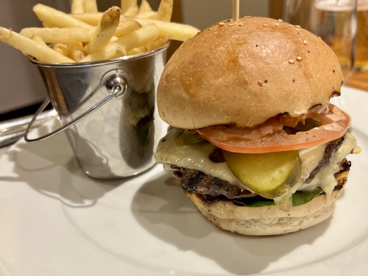 Beef burger and chips served at The Bell Ramsbury in Wiltshire