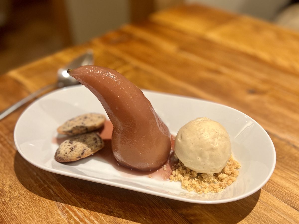 Poached pear dessert with ice cream at The Bell Ramsbury